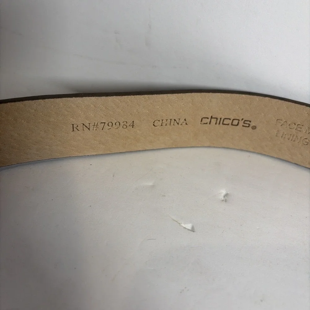 Chico's Snakeskin Pattern Leather Belt Gold Amber Lucite Buckle Adjustable M L